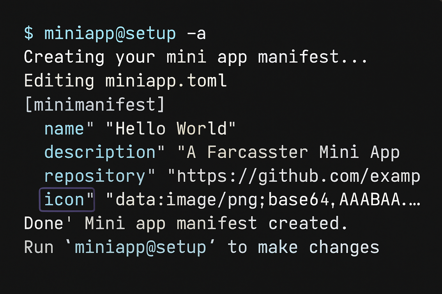 Developer terminal showing Farcaster Mini App CLI setup and editing farcaster.json manifest file