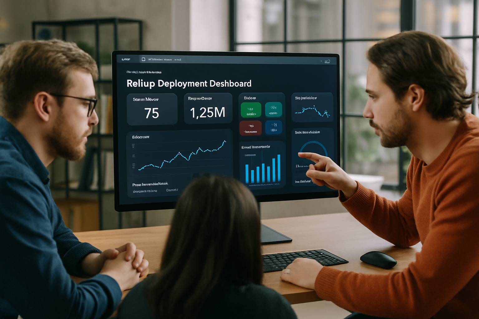 Developer team reviewing rollup deployment dashboard on abstractwatch.com for blockchain scalability