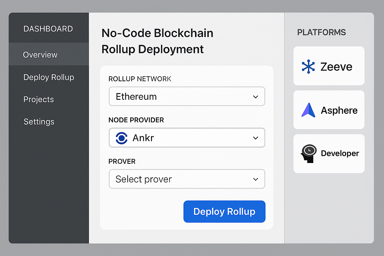 Developer using a no-code dashboard to deploy blockchain rollups with Ankr, Zeeve, and Asphere platforms