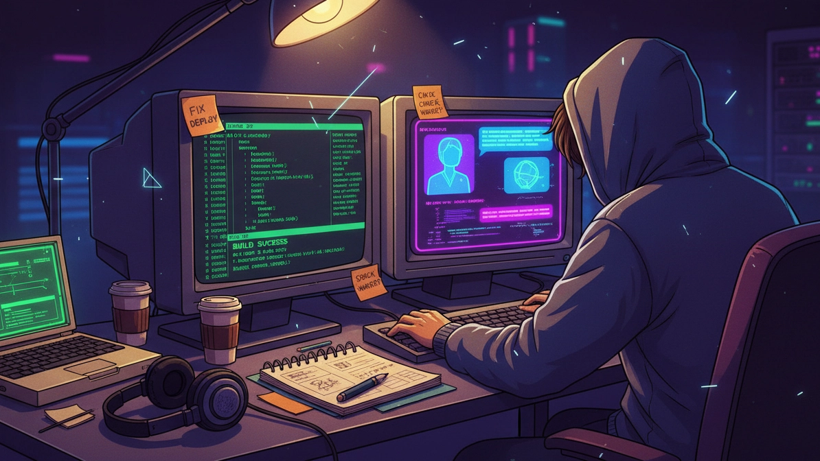 Developer workstation with multiple monitors displaying blockchain dashboards and AI model outputs, illustrating multi-chain AI trading agent development in 2025.