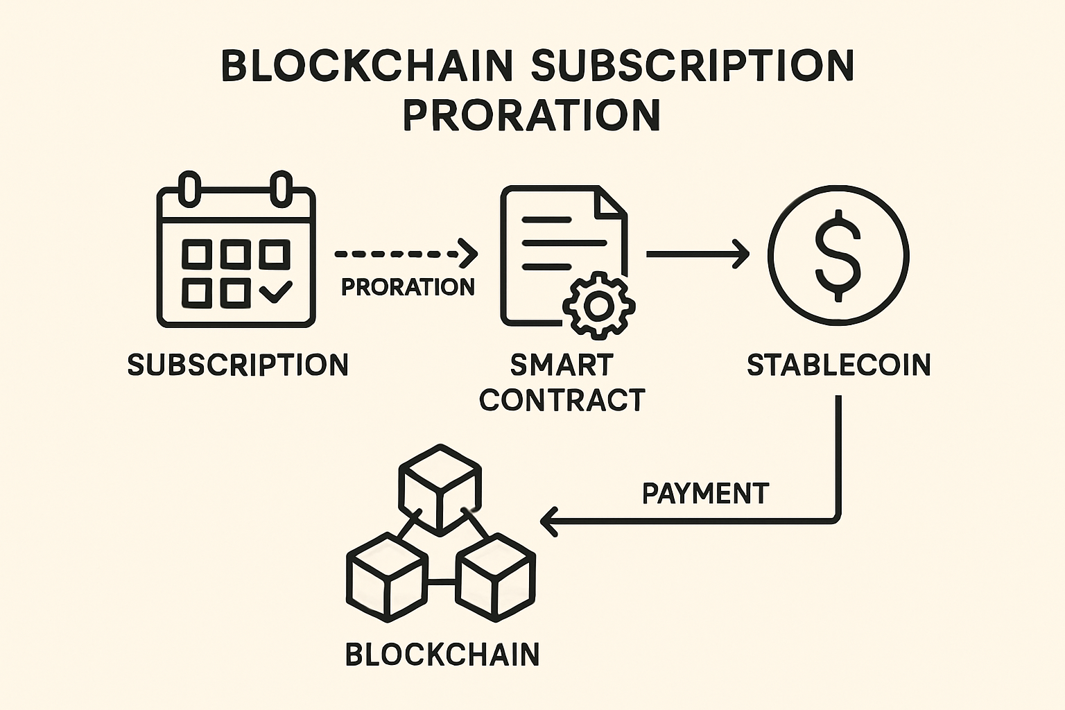 Diagram illustrating proration in blockchain-based subscription billing with smart contracts and stablecoin payments