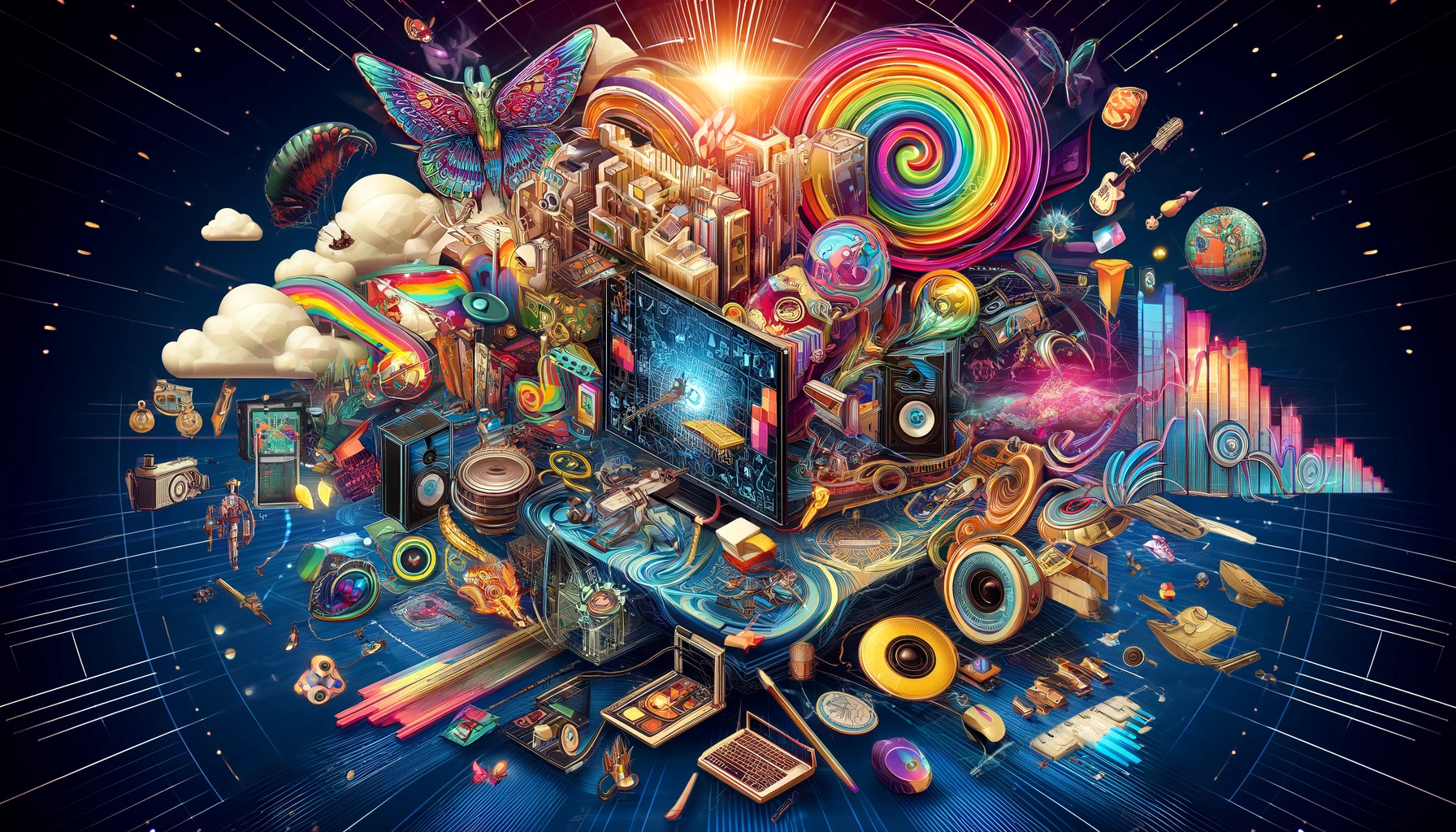 Digital illustration of blockchain nodes connecting musicians and fans in a vibrant network, symbolizing transparent music royalty distribution for independent artists.