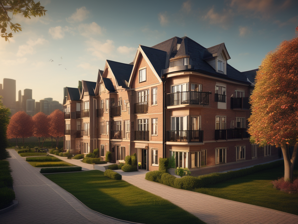 Digital illustration of diverse investors holding blockchain tokens in front of a luxury apartment building, representing fractional ownership in tokenized real estate.