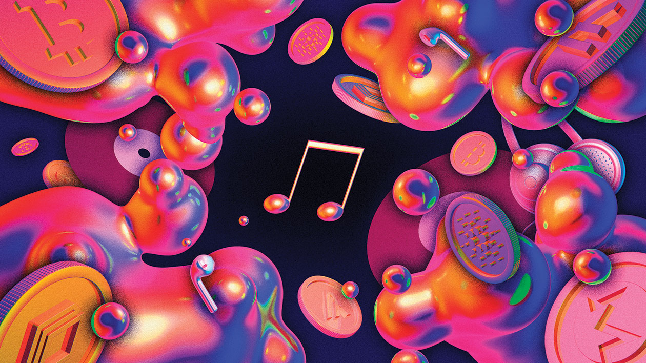 Digital illustration of music notes transforming into blockchain tokens, representing on-chain music royalties and tokenized revenue streams for artists and fans.