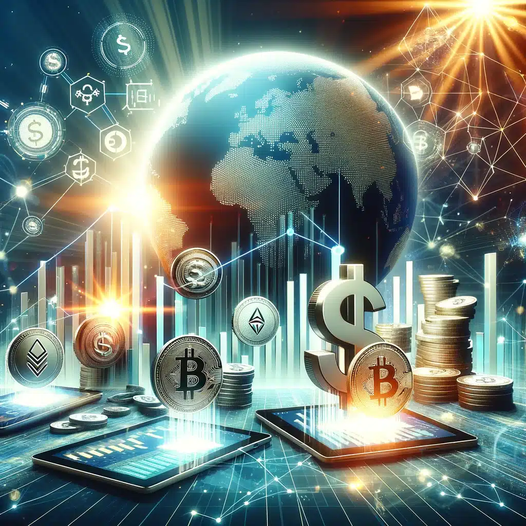 Digital illustration of stablecoins seamlessly connecting global real estate markets, symbolizing blockchain-powered property transactions and worldwide investment access.