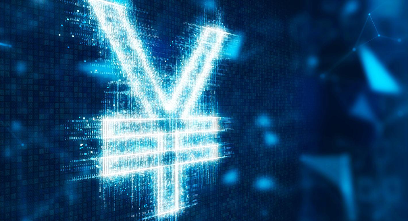 Digital illustration of the digital yuan symbol linking Asia and Europe through blockchain nodes, representing China's push for yuan internationalization via stablecoins