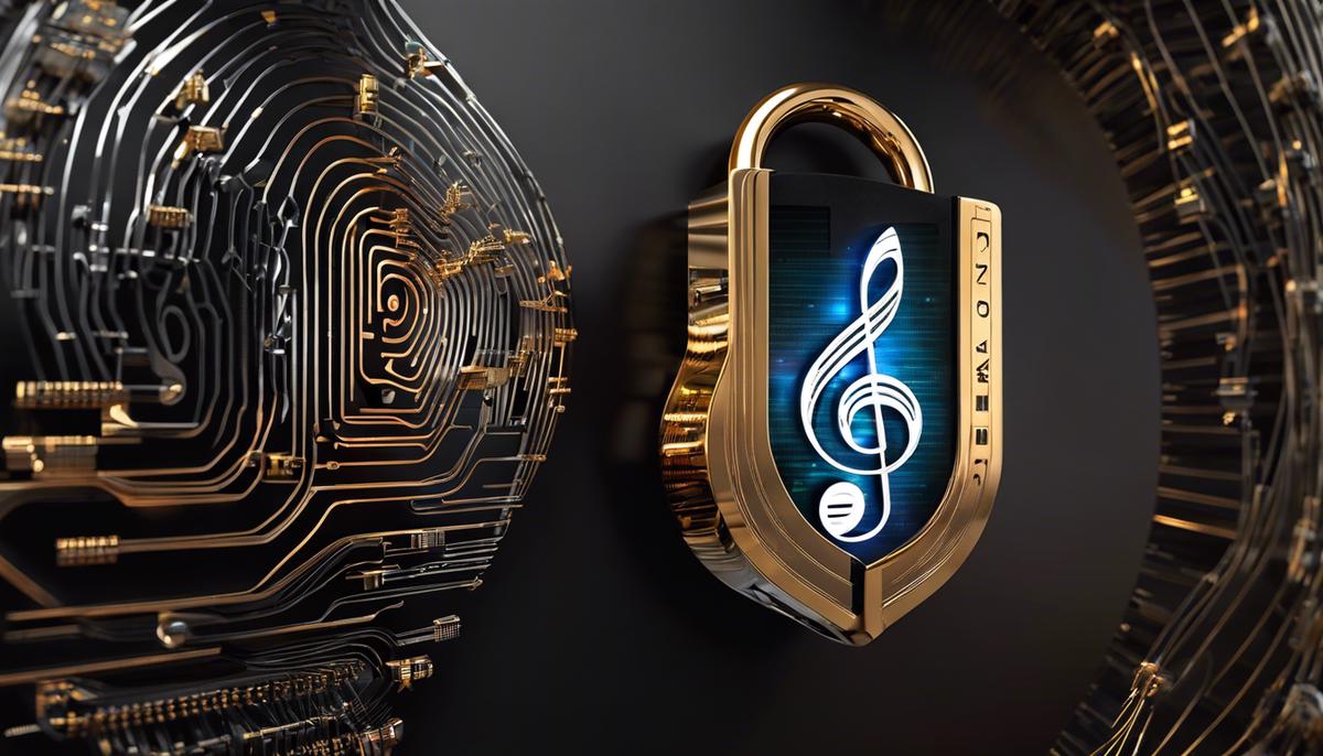 Digital lock symbol overlaying musical notes, representing blockchain security in music and protection against AI-generated piracy