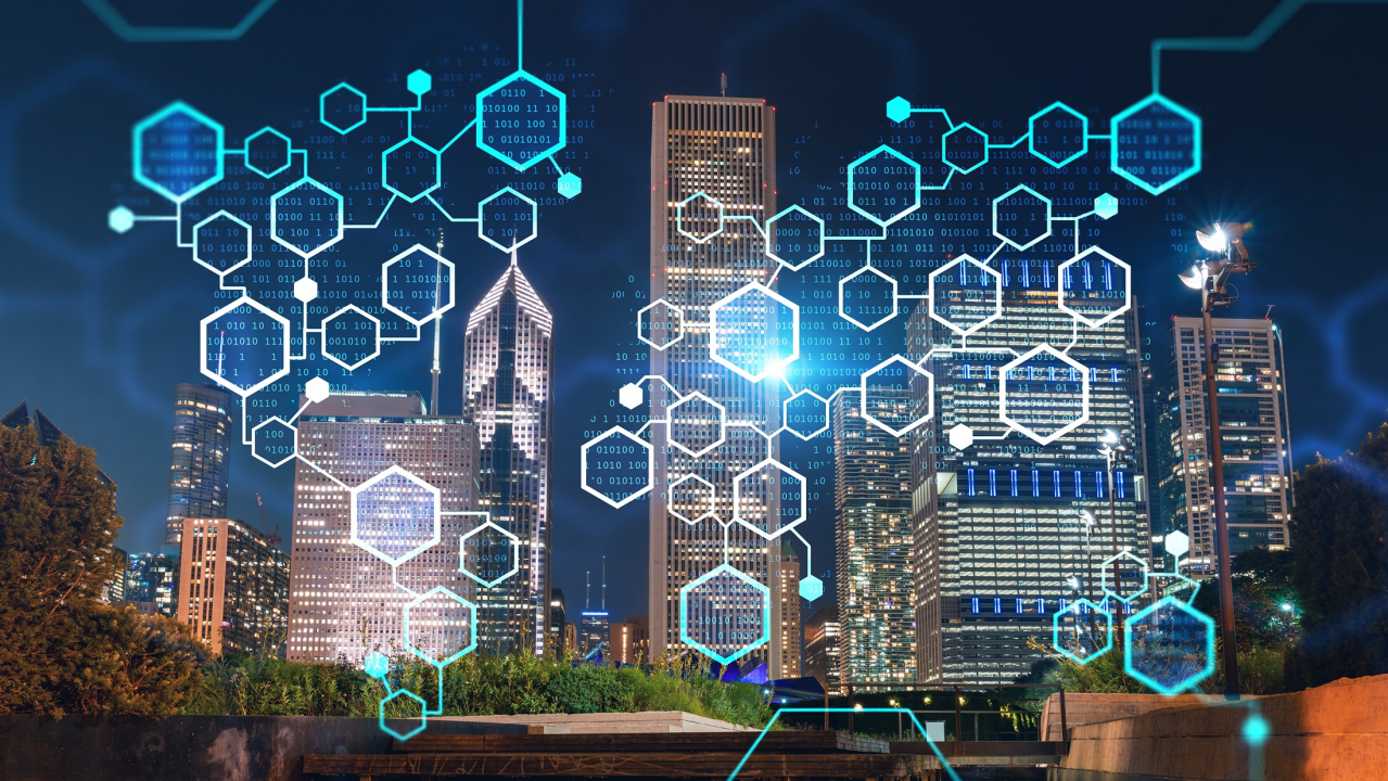 Digital city skyline with blockchain nodes and real estate tokens overlay, illustrating blockchain tokenization in real estate for increased liquidity and accessibility.