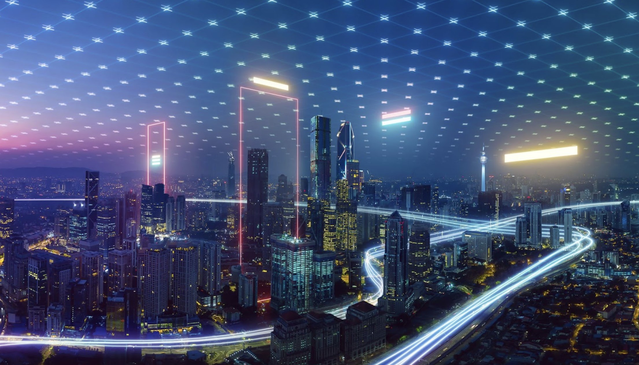 Digital city skyline with blockchain network overlay illustrating real estate tokenization and enhanced liquidity for global investors.
