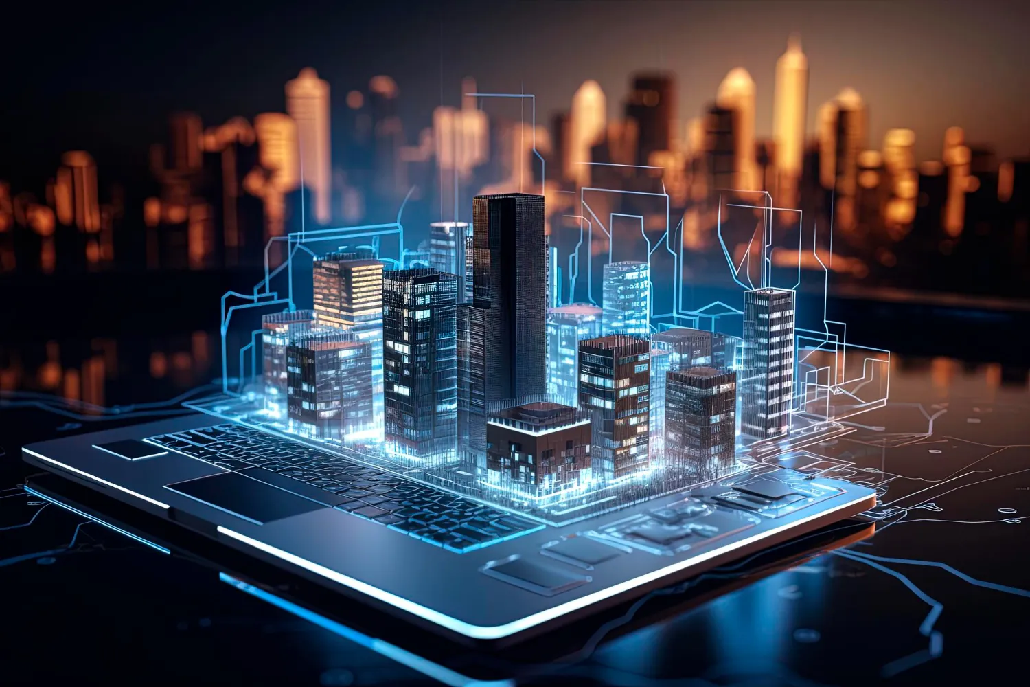 Digital city skyline with blockchain nodes connecting buildings, representing tokenized real estate networks and blockchain technology in property investment.