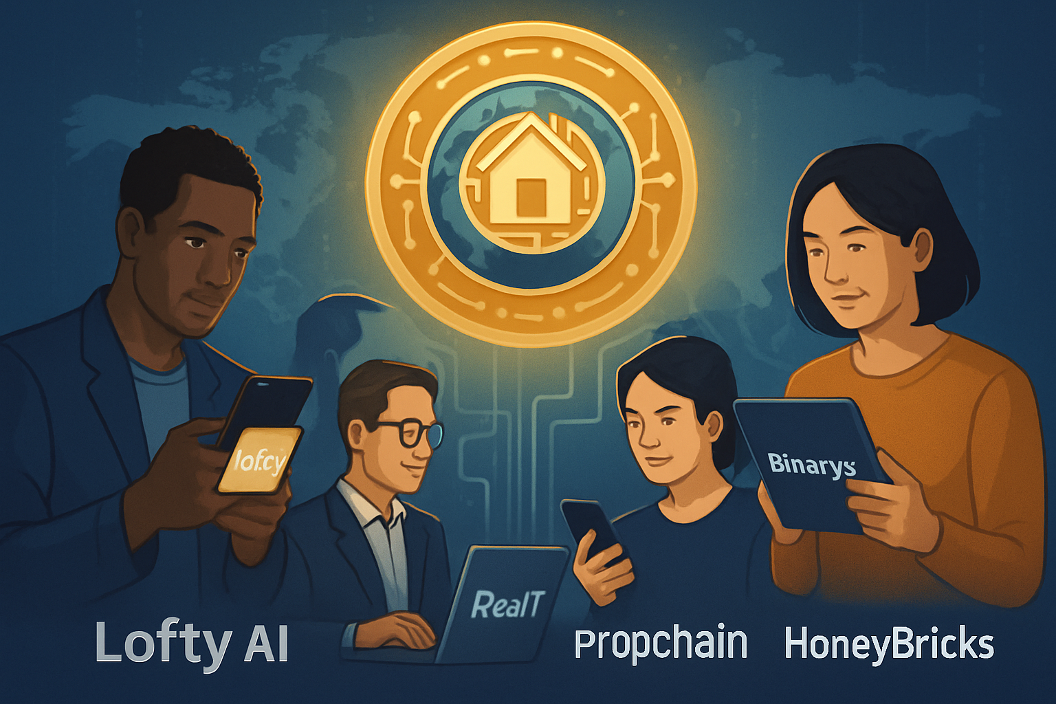 Global investors using digital devices to access fractional real estate tokens on top platforms like Lofty AI, RealT, Binaryx, Propchain, and HoneyBricks in 2025