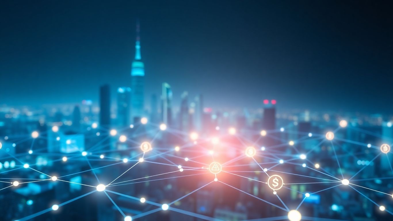 Digital city skyline with blockchain nodes connecting iconic global real estate properties, representing tokenization and fractional ownership.