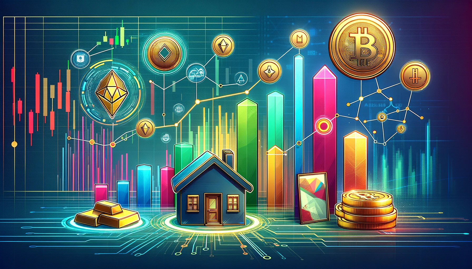 Digital illustration of a luxury property being divided into blockchain tokens, representing fractional ownership in real estate.