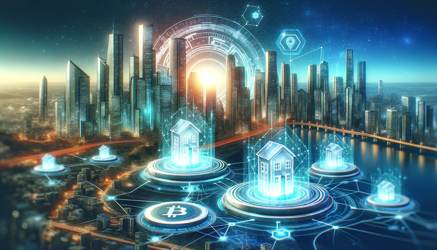 Digital tokens representing fractional real estate ownership overlaying a modern city skyline, illustrating accessible property investment through blockchain technology.