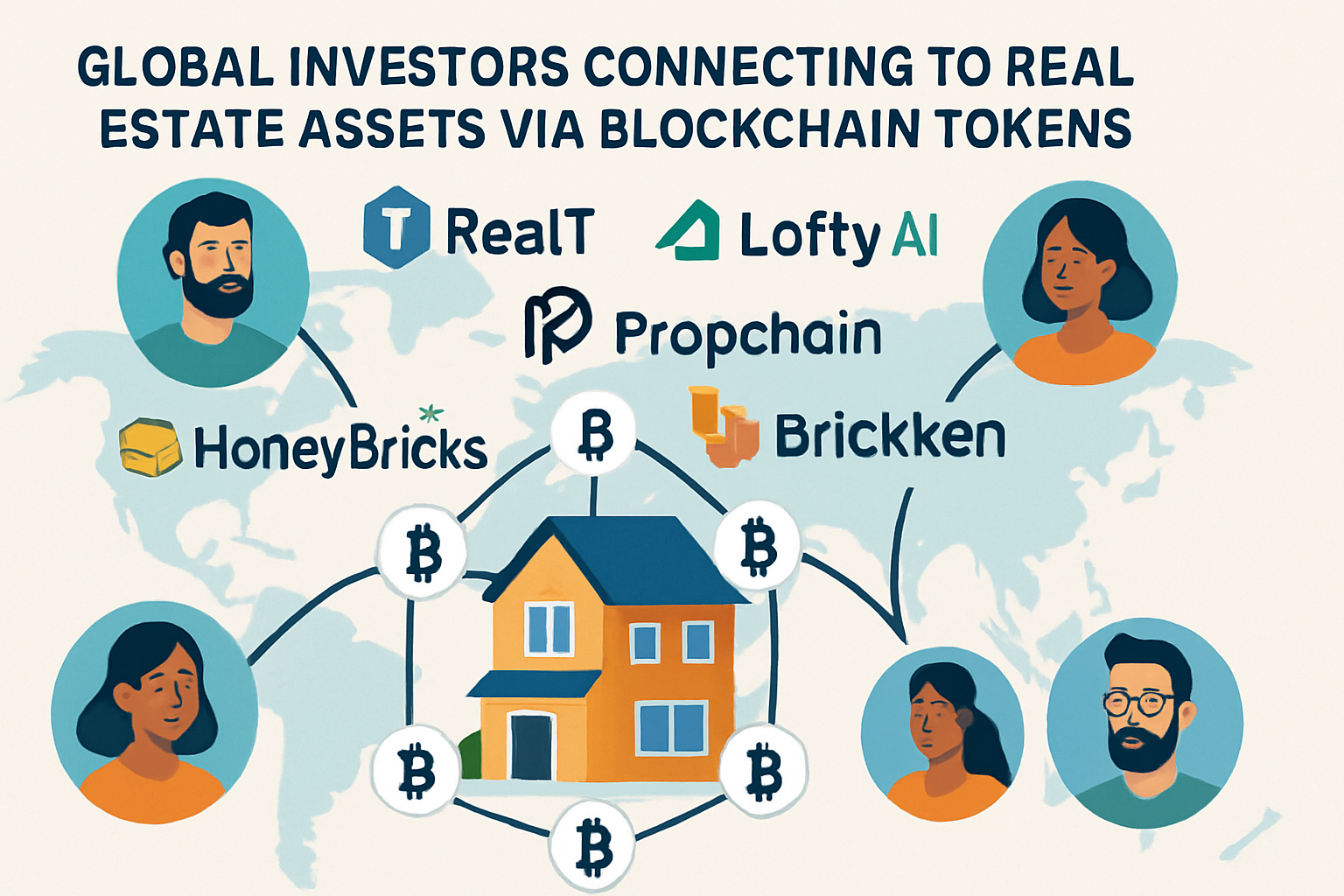 Digital visualization of global investors connecting to real estate assets via blockchain tokens, featuring RealT, Lofty AI, Propchain, HoneyBricks, and Brickken platforms in 2025.