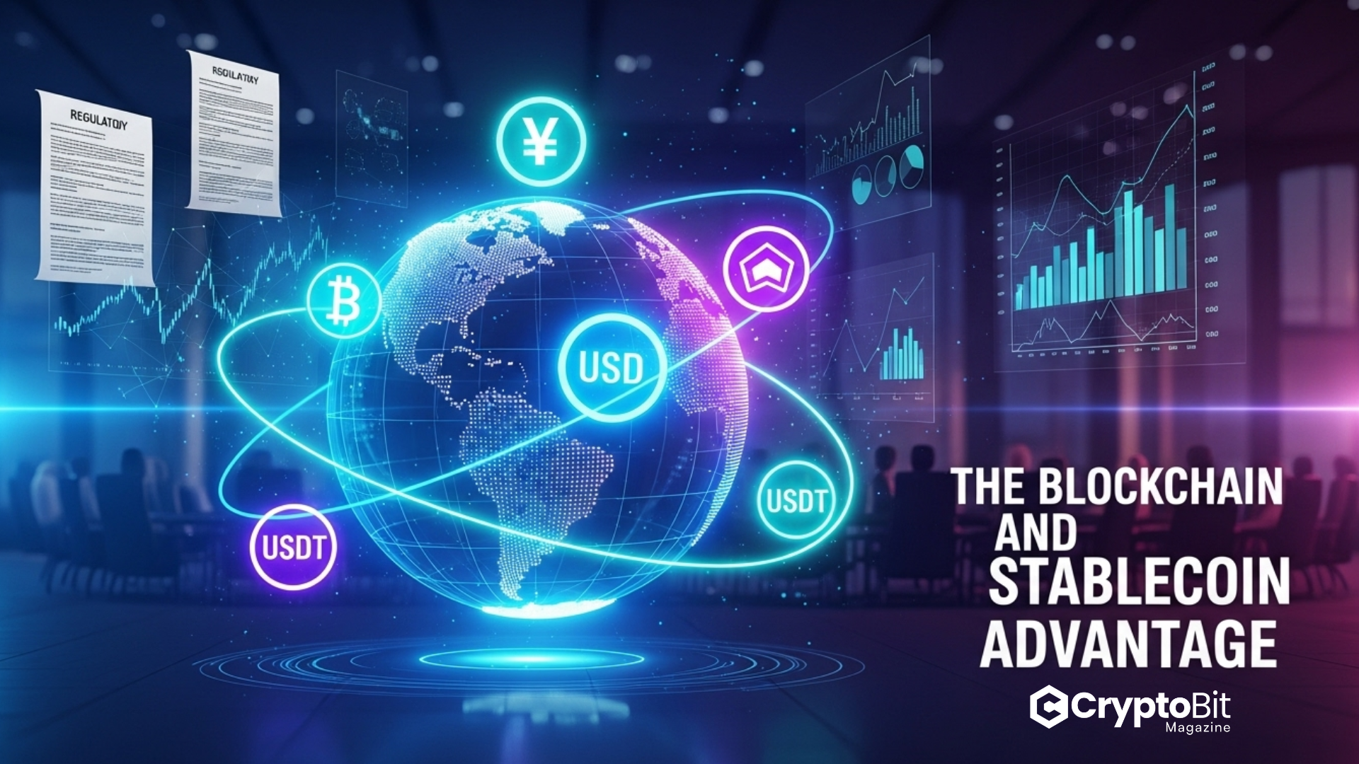 Digital wallet interface showing USDT and USDC balances with a credit card and globe in the background, representing global stablecoin payments in 2024.