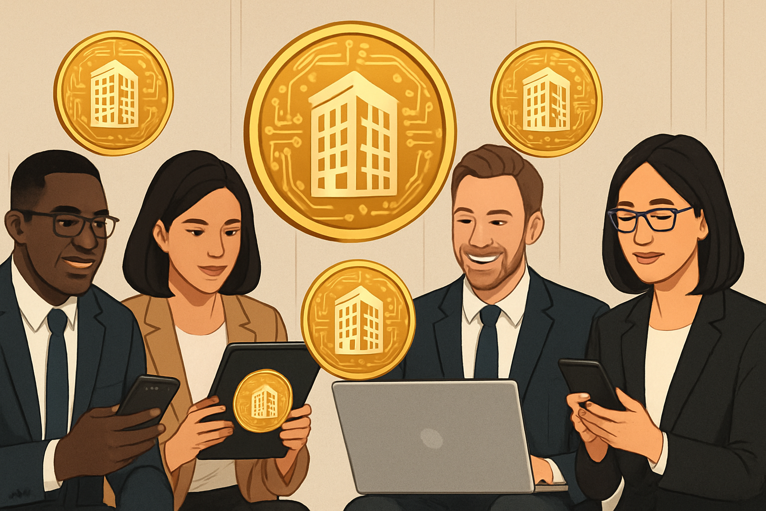Diverse group of investors viewing digital real estate tokens on their smartphones and laptops, representing accessible commercial property investment through tokenization in 2025.