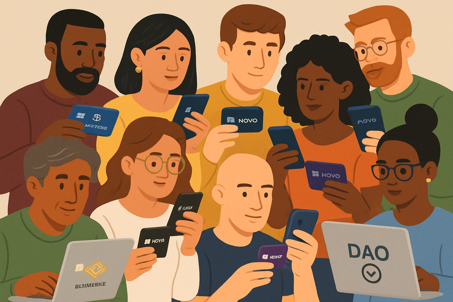 Diverse group of people using top crypto debit cards like Crypto.com, Gemini, and Nexo while participating in DAO voting on their devices in 2025