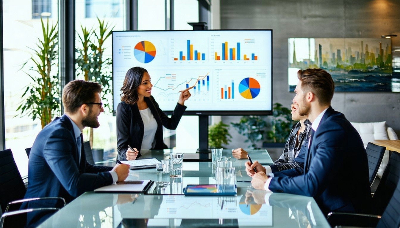 Diverse group of professionals discussing 401(k) investment options with digital asset charts displayed on a screen in a modern office setting