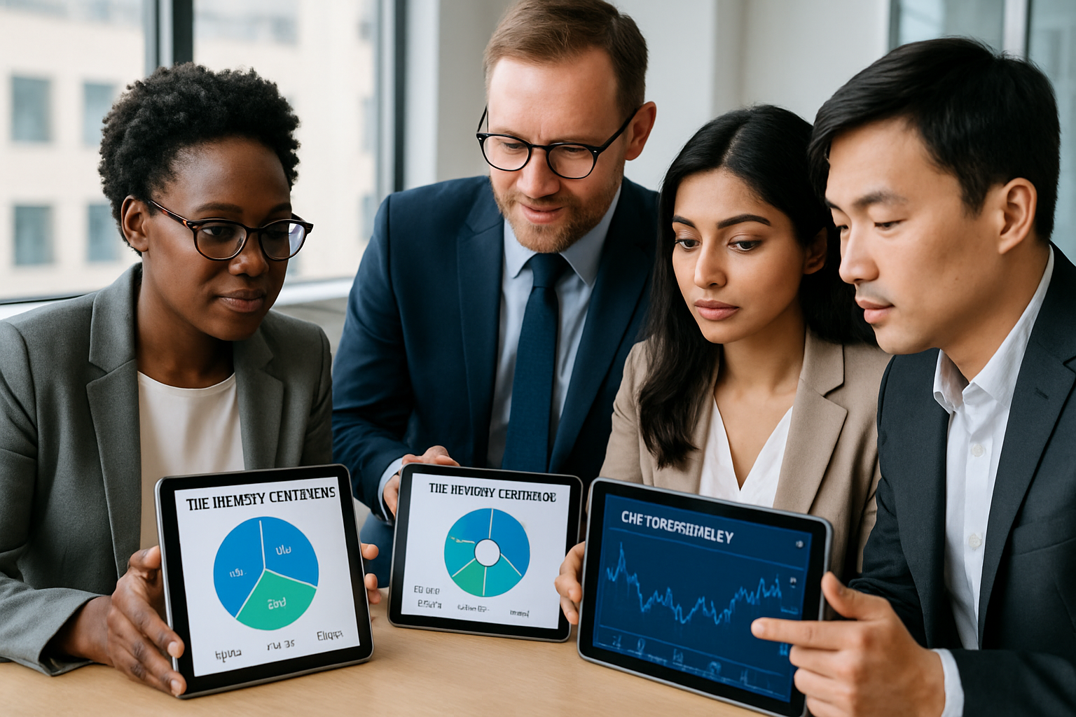 Diverse group of professionals discussing retirement portfolios with cryptocurrency charts on digital tablets in a modern office setting