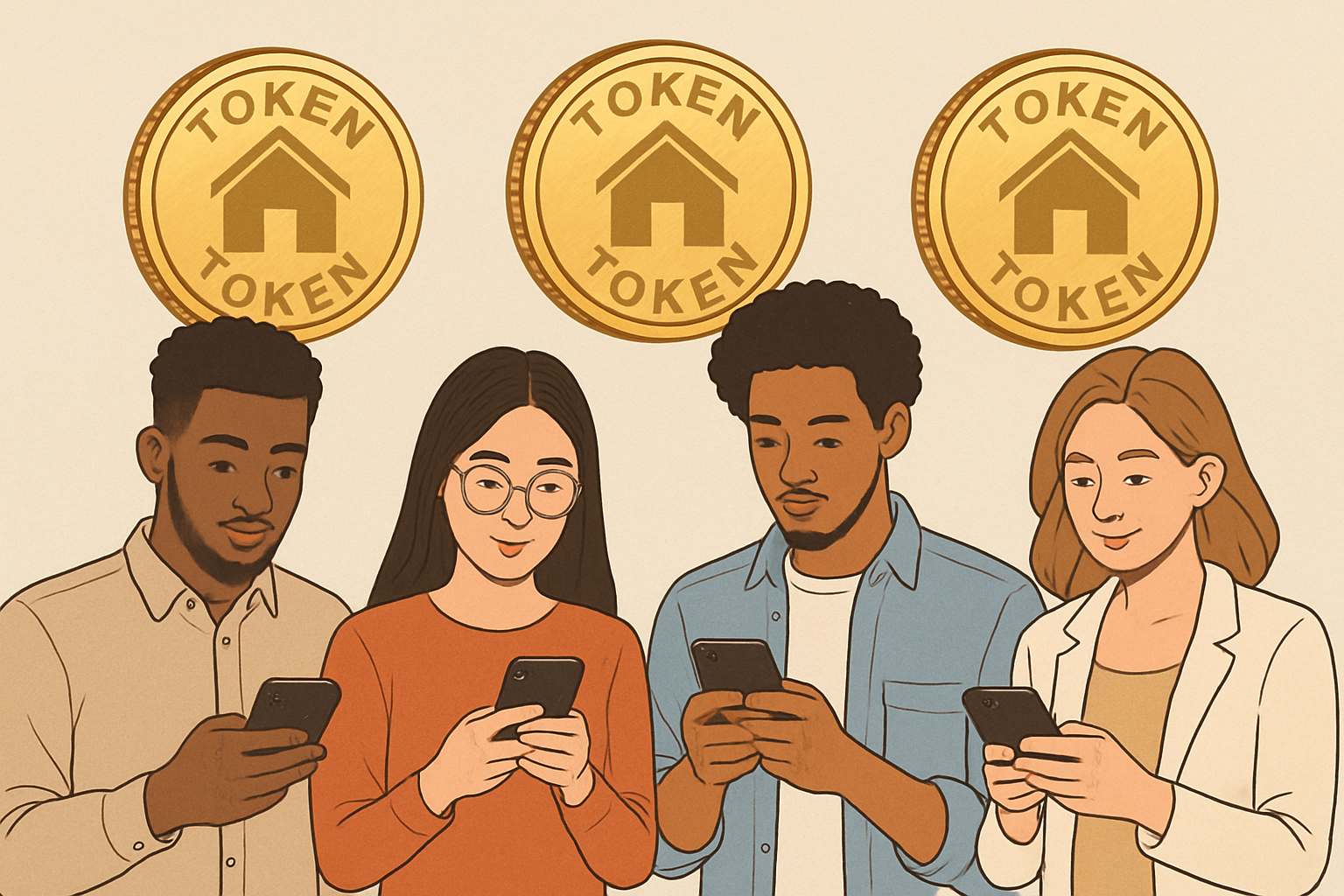 Diverse group of young investors using smartphones to view real estate property tokens, illustrating fractional ownership and accessibility through blockchain technology in 2024.