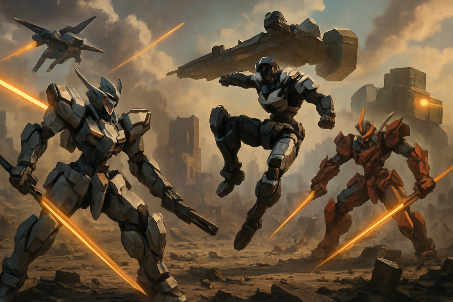 Dramatic battle scene featuring customizable mechs from indie games M.A.S.S. Builder, Project Nimbus, Wolfstride, War Tech Fighters, and Into the Breach