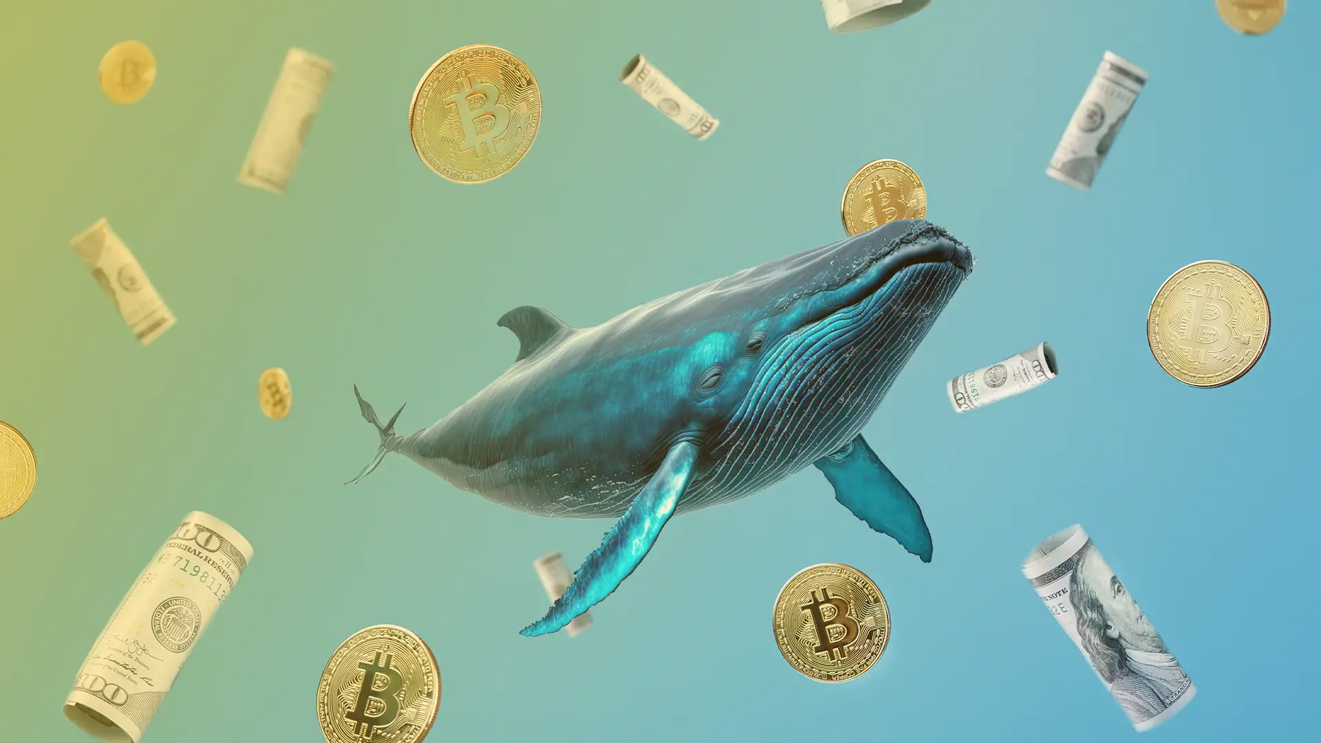 Conceptual image of Bitcoin whale wallet activity influencing market volatility, symbolized by large digital whales overshadowing retail investors amid a turbulent crypto market backdrop.