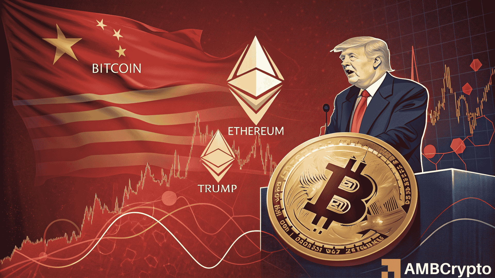 Conceptual image of Bitcoin volatility with dramatic lighting, symbolizing sharp price drop and recovery after Trump's China tariff announcement in 2025.