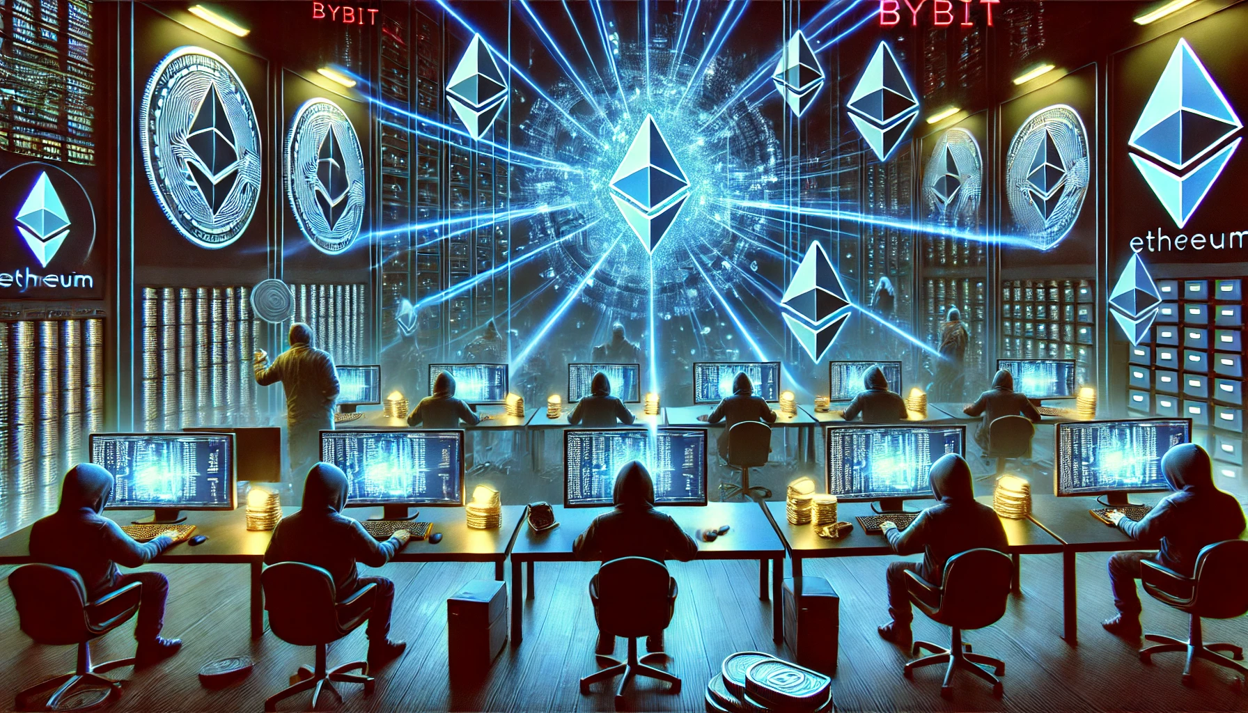 Dramatic illustration of cybercriminals hacking crypto wallets and exchanges in 2025, highlighting digital theft and security risks.