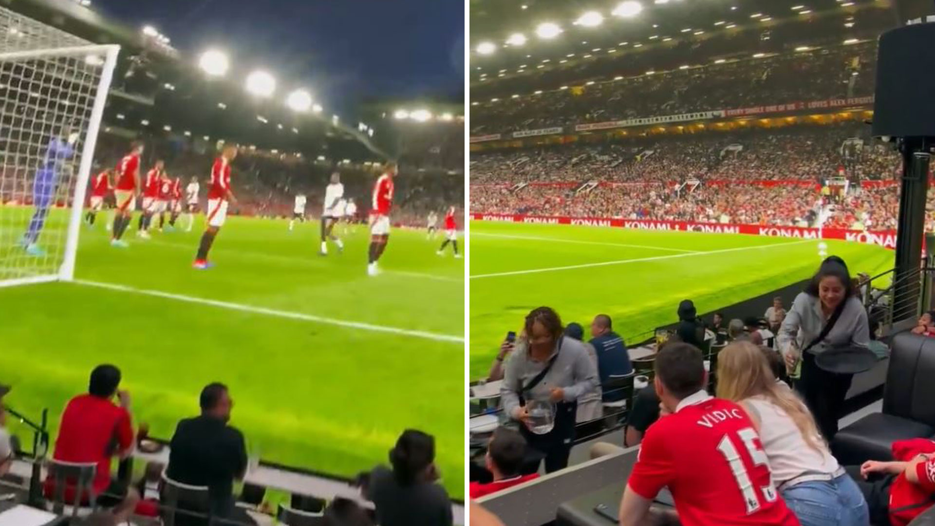 Football fans in a stadium watching a dramatic transfer announcement on giant screens, capturing excitement and anticipation.