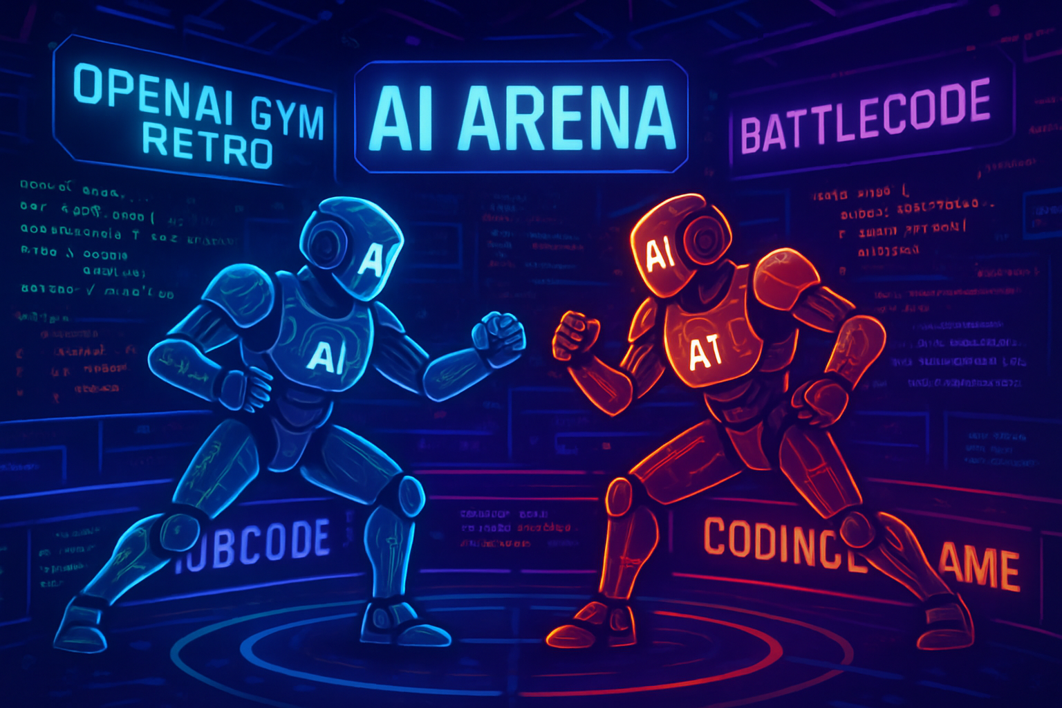 Dramatic AI vs AI battle arena scene featuring digital avatars, code overlays, and top AI games like AI Arena, OpenAI Gym Retro, Battlecode, Robocode, and CodinGame AI Contests in 2024.