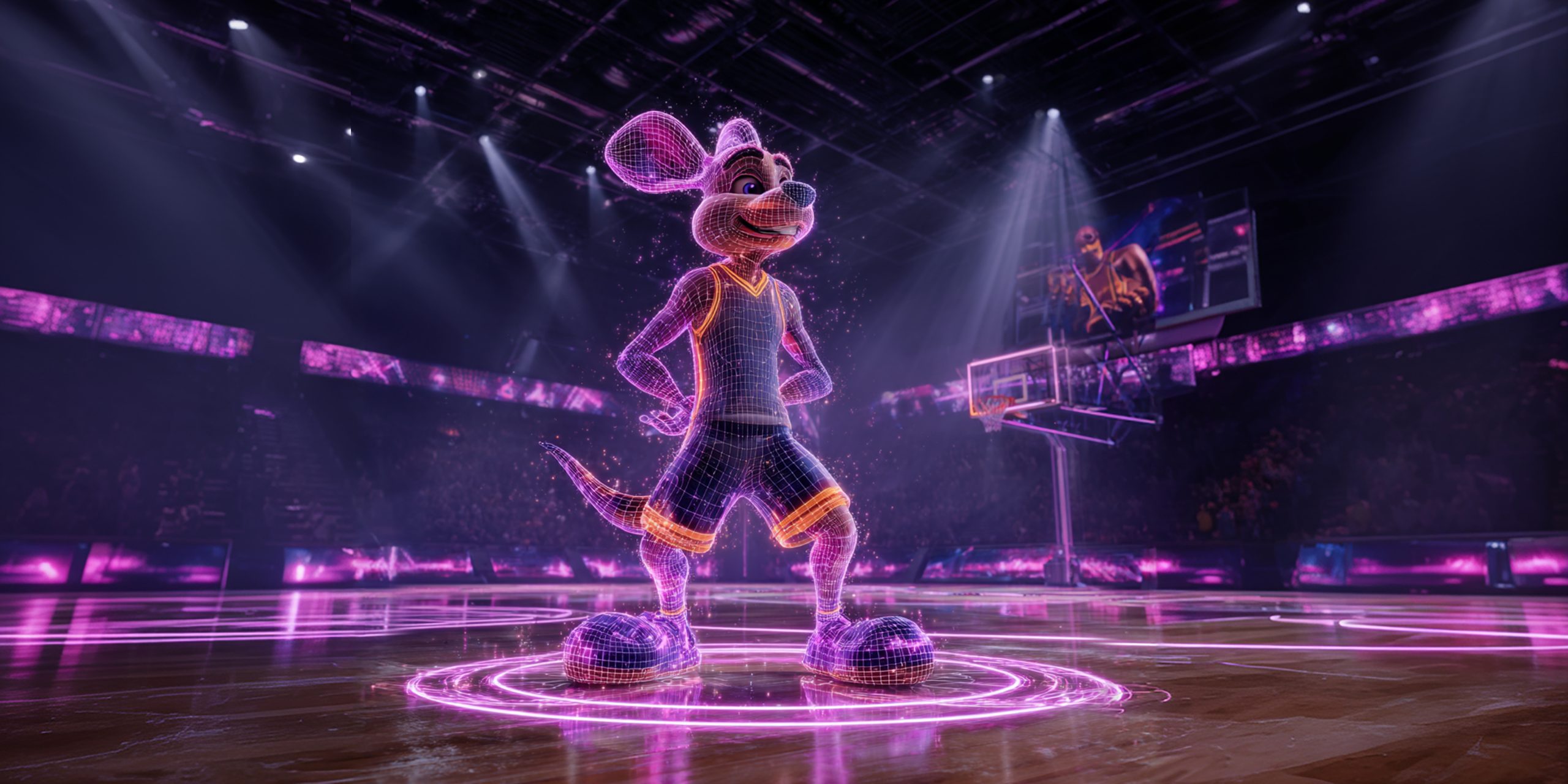 Two AI avatars in a dramatic face-off on a futuristic gaming arena stage, symbolizing real-time AI competition in esports and gaming algorithms.