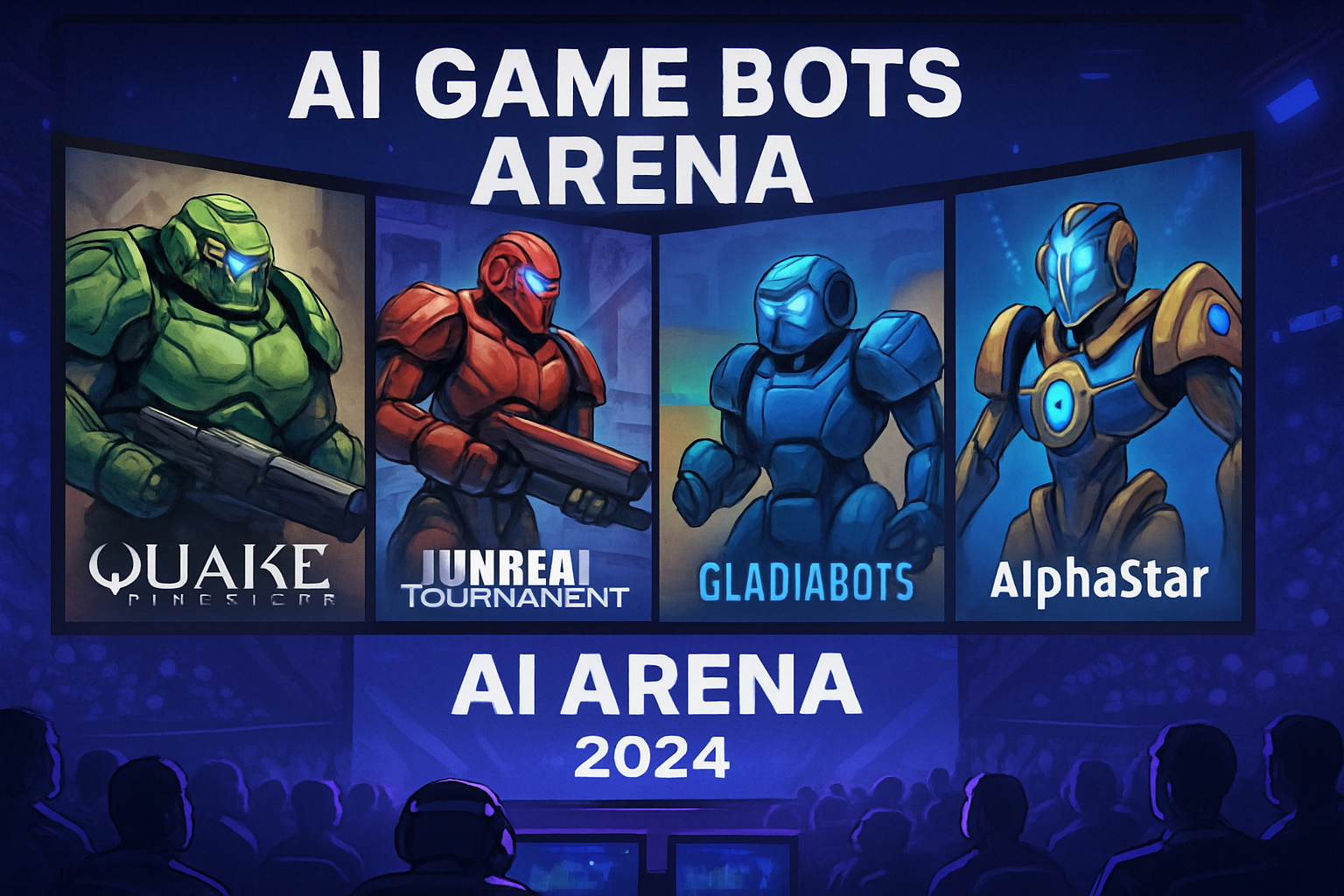 Dynamic esports arena match featuring top AI game bots like Quake Champions Bot, Unreal Tournament 2004 AI Bot, Gladiabots AI Squad, StarCraft II AlphaStar, and AI Arena Ladder Bots competing in 2024