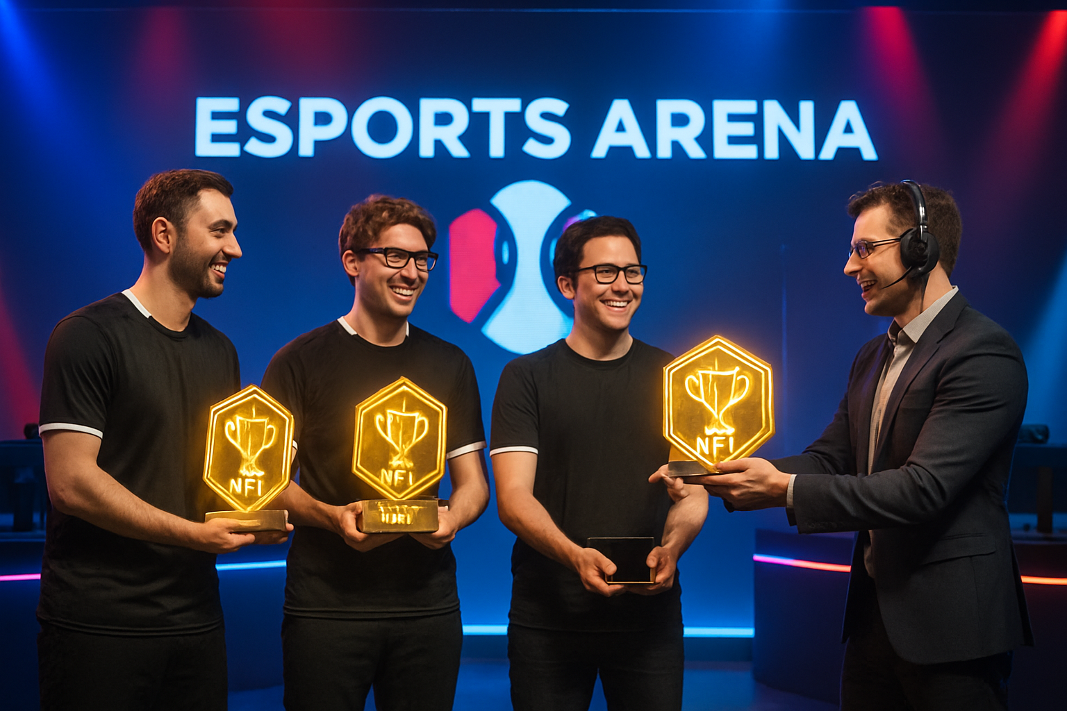 Pro gamers on stage receiving NFT trophies in a vibrant esports arena, symbolizing blockchain rewards and digital achievement in competitive gaming.