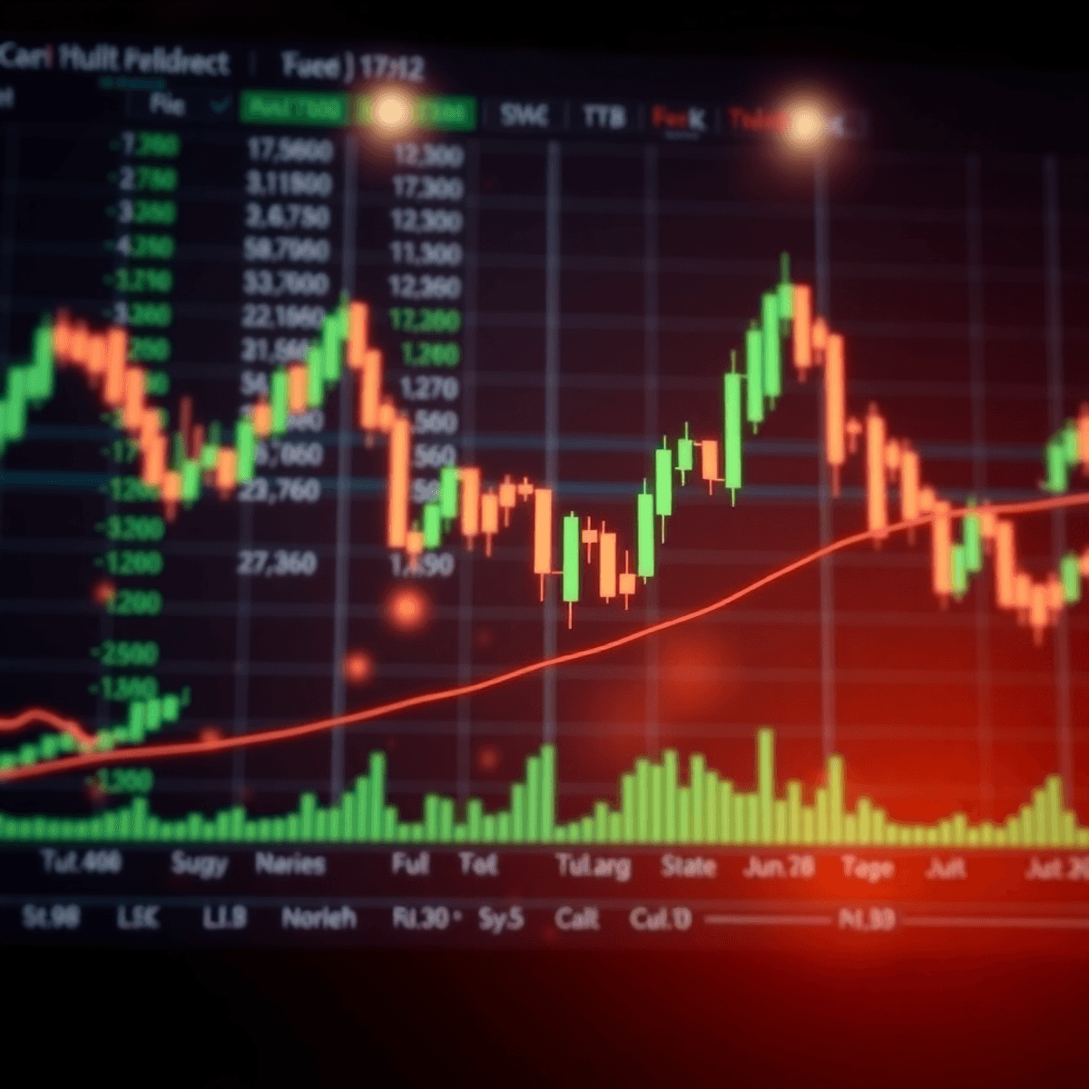 Conceptual image of crypto trend following strategies featuring digital charts, moving averages, and dynamic upward momentum, representing dual moving average crossovers, breakout entries, and trailing stop-loss techniques in profitable crypto stock trading.