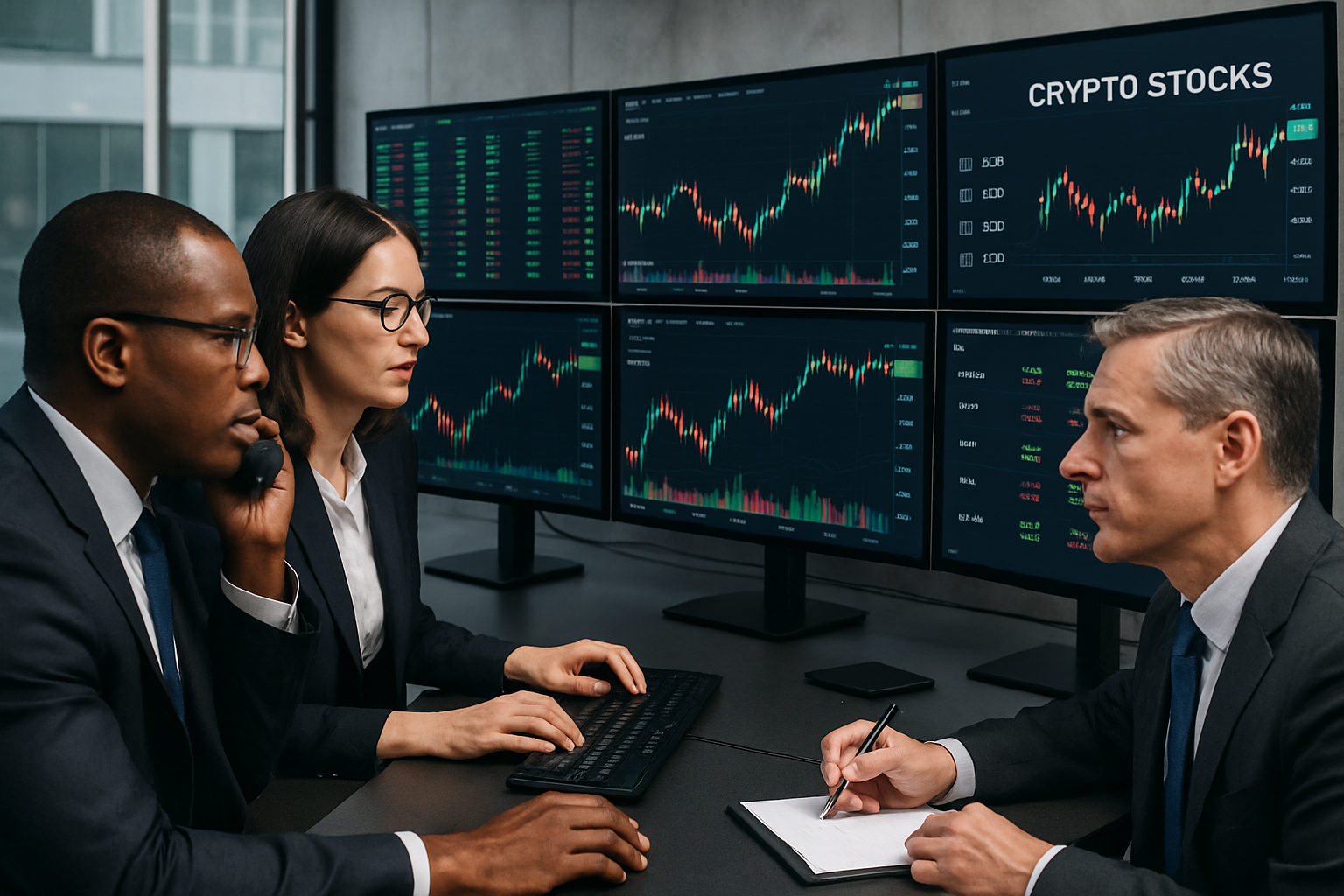 Institutional investors analyzing crypto-backed stocks at a modern trading desk with digital charts in the background, representing dynamic price movements in COIN and major crypto stocks.