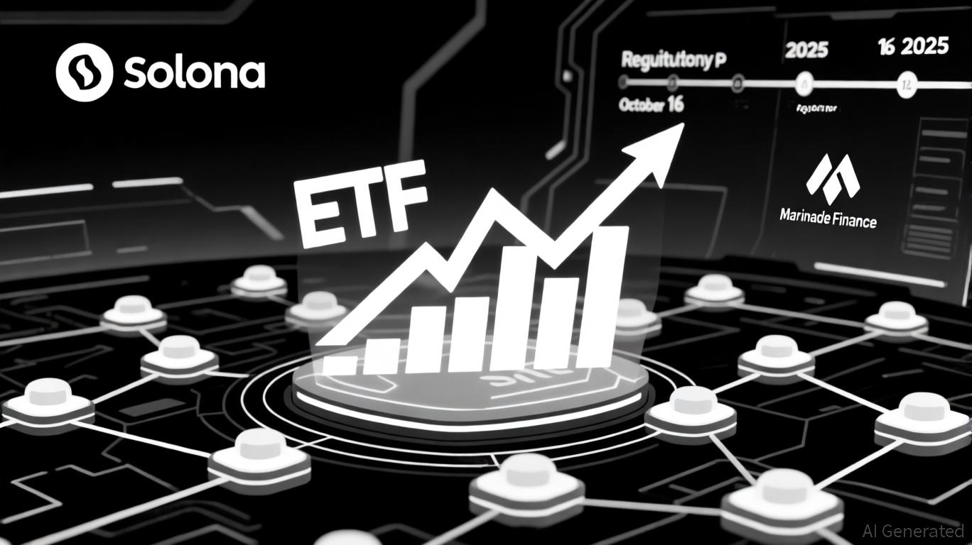 Conceptual image of institutional investors analyzing Solana ETF market volatility amid regulatory decisions in 2025, with digital assets and blockchain visuals.