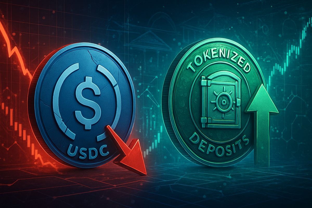Conceptual image representing the projected growth of the stablecoin market from 2023 to 2028, featuring digital coins, upward arrows, and institutional investors in a dynamic financial setting.