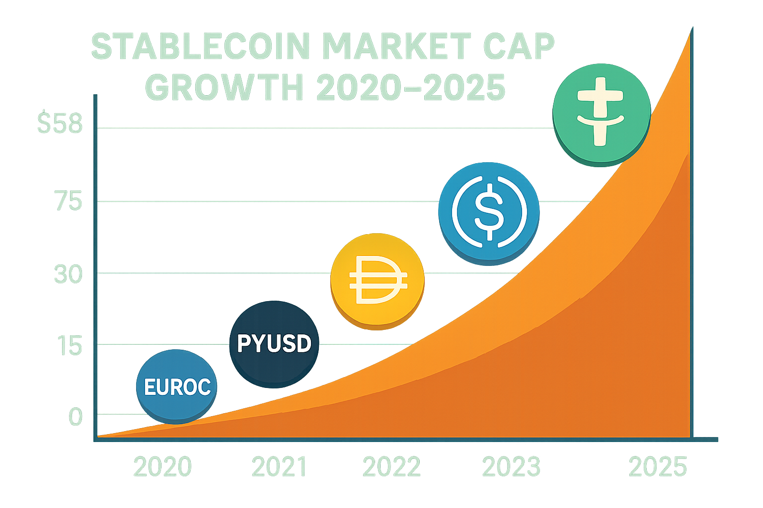 Dynamic conceptual illustration of stablecoin market cap growth from 2020 to 2025 featuring USDC, USDT, DAI, PYUSD, and EUROC logos