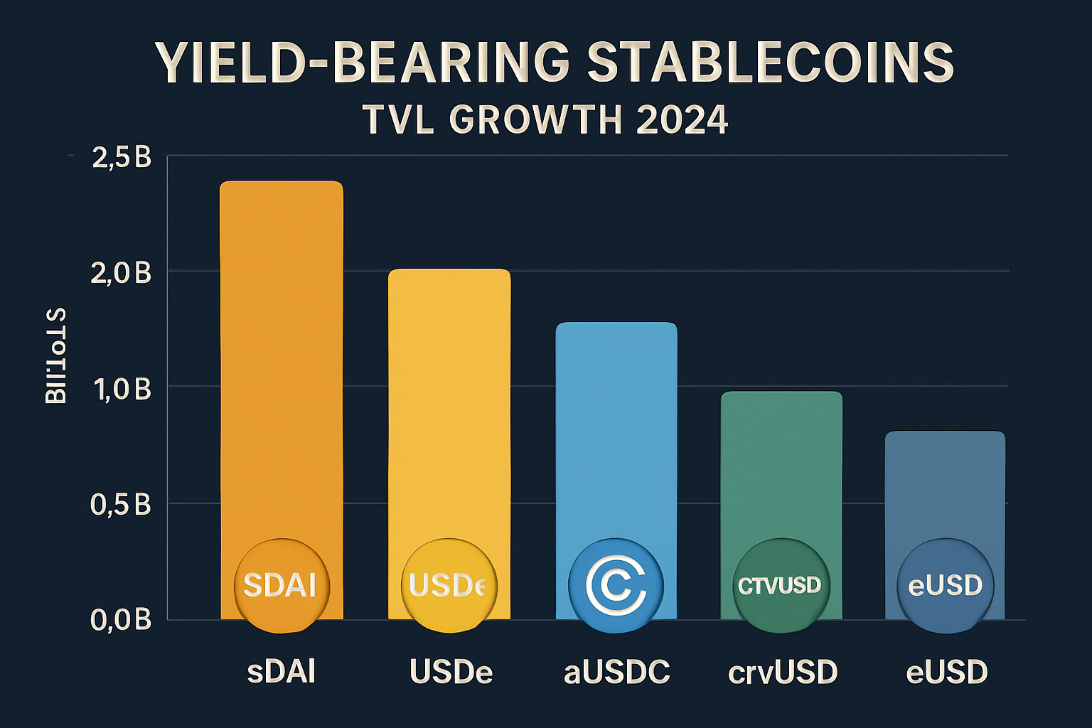 Dynamic illustration of top yield-bearing stablecoins in 2024, including sDAI, USDe, aUSDC, crvUSD, and eUSD, highlighting TVL growth and DeFi innovation.