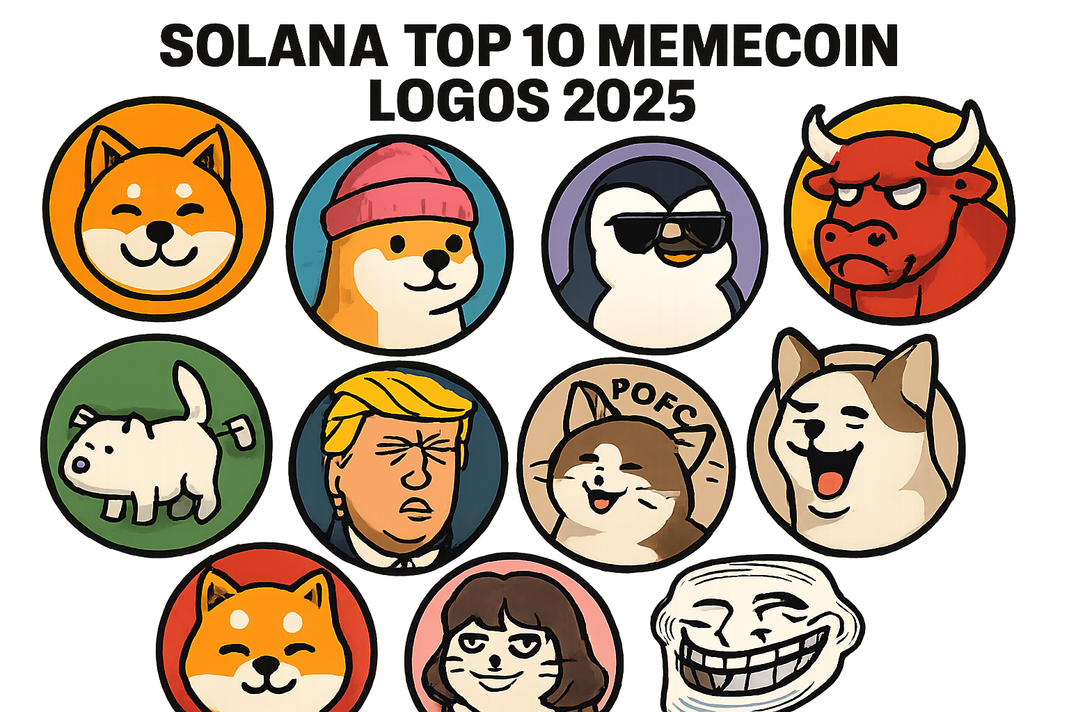 Collage of top 10 Solana memecoin logos for 2025 including Bonk, Dogwifhat, Pudgy Penguins, Bull Coin, Fartcoin, Trump Coin, Popcat, Aku Inu, Fat Cat Girlfriend, and Troll Face.