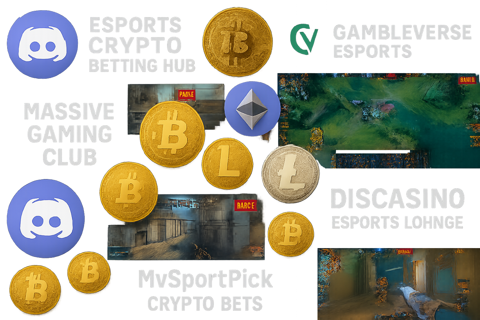 Collage featuring Discord logos, popular crypto coins, and live esports matches on screens, representing top Discord communities for crypto esports betting in 2025: Esports Crypto Betting Hub, GambleVerse Esports, Massive Gaming Club, MySportPick Crypto Bets, and Discasino Esports Lounge.