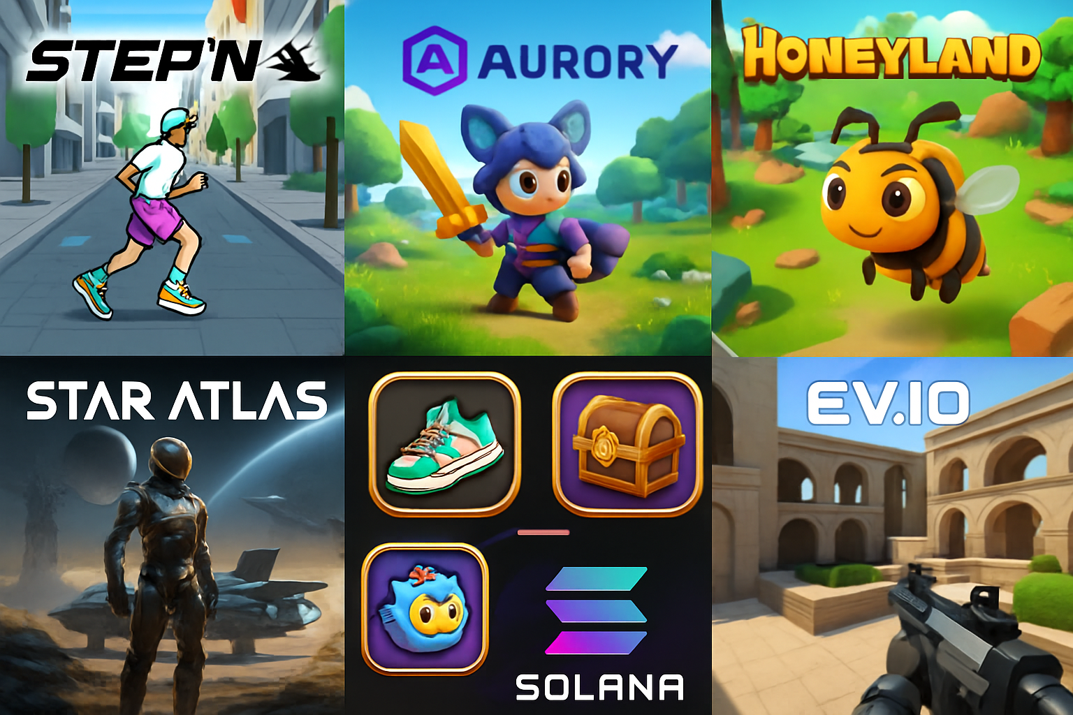 Dynamic collage of gameplay from STEPN, Aurory, Honeyland, Star Atlas, and Ev.io showcasing real-time NFT rewards on Solana blockchain