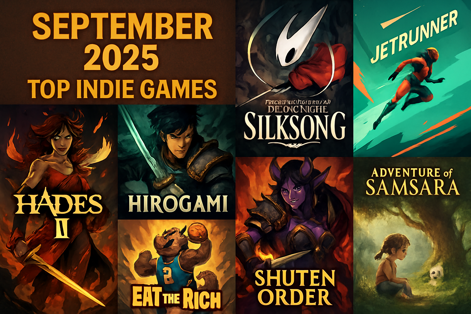 Collage of top indie game covers from September 2025 including Hades II, Hollow Knight: Silksong, Hirogami, JETRUNNER, SHUTEN ORDER, Eat the Rich: Capitalist Simulator, Dunkadillo, and Adventure of Samsara.