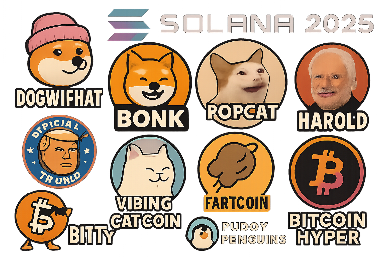 Collage of top Solana meme coin logos for 2025 including Dogwifhat, Bonk, Popcat, Official Trump, Harold, BITTY, Vibing Cat Coin, Pudgy Penguins, Fartcoin, and Bitcoin Hyper