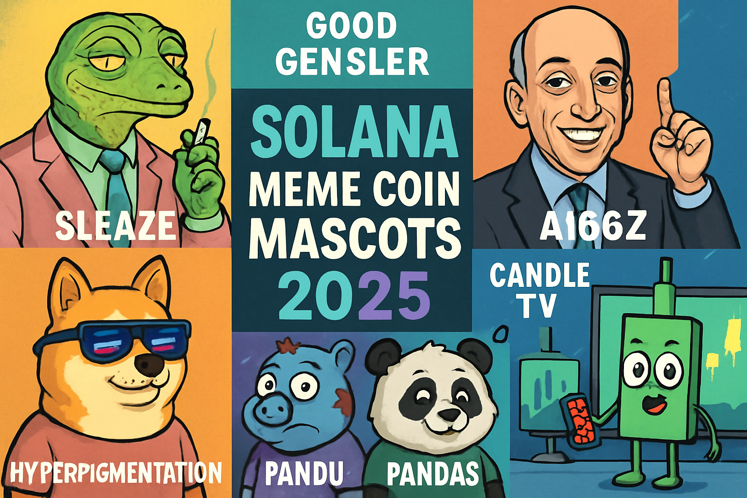 Collage of top 7 new Solana meme coin mascots for 2025, including Sleaze, Good Gensler, Solg, AI16Z, Hyperpigmentation, Pandu Pandas, and Candle TV, with vibrant community meme elements.