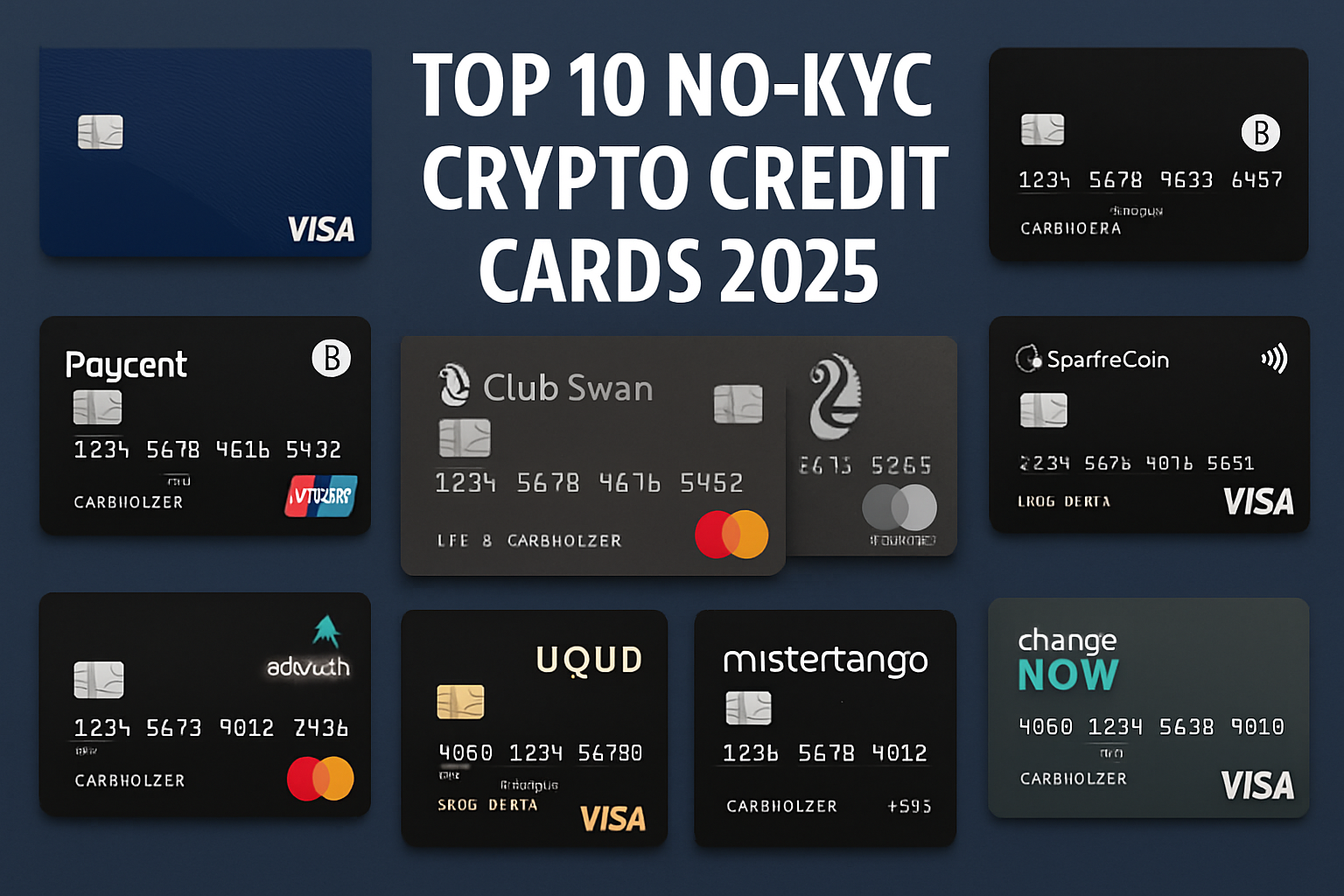 Collage of the top 10 no-KYC crypto credit cards for 2025, featuring Midnight Blue, Bitpay, CoinsPaid, Paycent, ClubSwan, SpectroCoin, Advcash, Uquid, Mistertango, and ChangeNOW cards with sleek virtual and physical designs