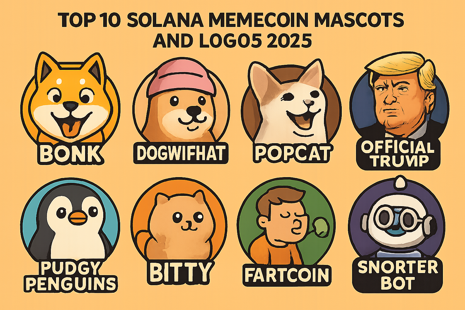 Collage of top 10 Solana memecoin mascots and logos for 2025: Bonk, Dogwifhat, Popcat, Official Trump, Pudgy Penguins, BITTY, Vibing Cat Coin, Fartcoin, Bitcoin Hyper, and Snorter Bot.