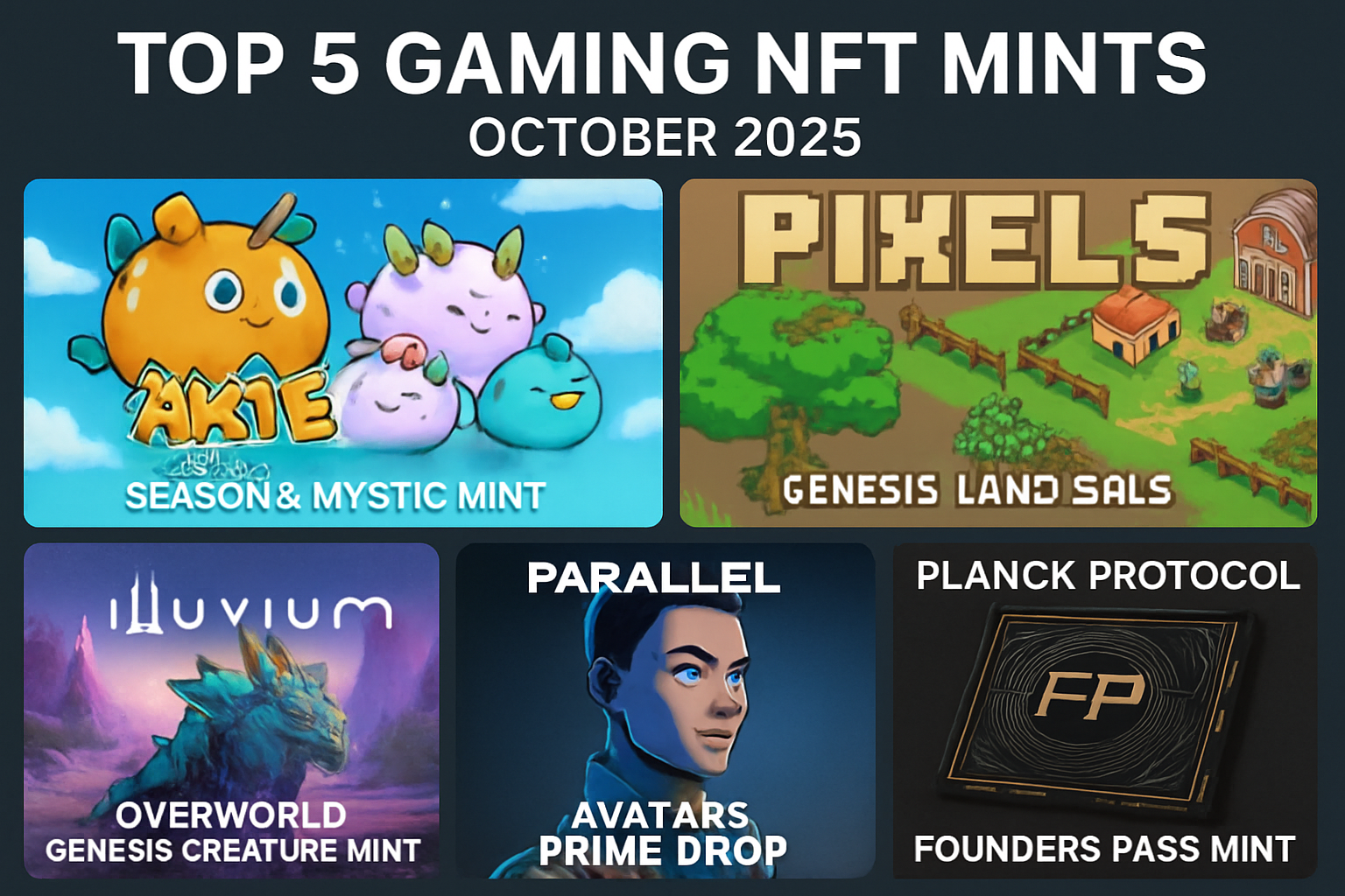 Collage of top 5 gaming NFT collections on Ronin and Ethereum for October 2025: Axie Infinity Origins Season 9 Mystic Mint, Pixels Genesis Land Sale, Illuvium Overworld Genesis Creature Mint, Parallel Avatars Prime Drop, and Planck Protocol Founders Pass Mint.