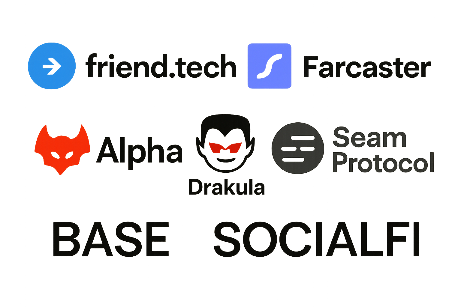 Collage of Friend.tech, Farcaster (Warpcast), Alpha, Drakula, and Seam Protocol logos on the Base blockchain, representing top SocialFi apps of 2024